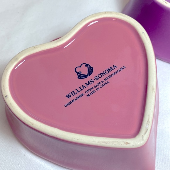 WILLIAMS SONOMA 2 HEART SHAPED BAKING DISHES BOWLS PINK PURPLE VALENTINES DAY - Picture 6 of 7